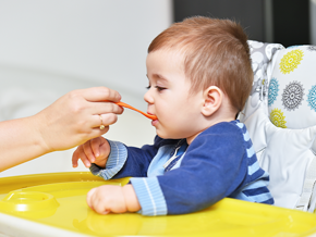 Bebé sentado en una silla alta siendo alimentado con una cuchara por una mano adulta.