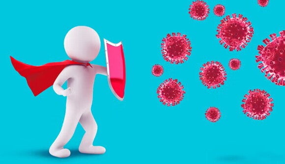 Figura blanca con capa y escudo rojo bloquea virus Figura blanca con capa y escudo rojo bloquea virus