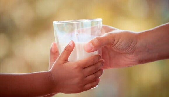 Dos personas sostienen juntas un vaso de leche Dos personas sostienen juntas un vaso de leche