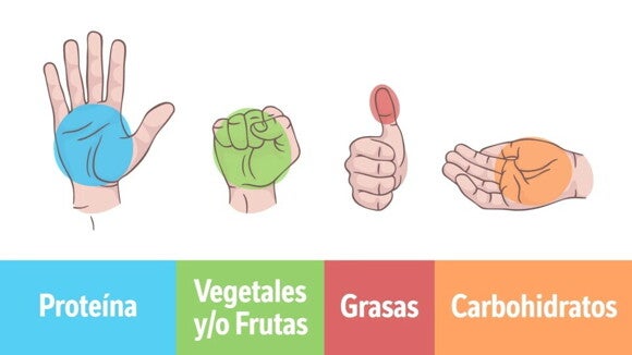 ¿Cómo saber cuáles son las porciones correctas para los niños? Dibujo de manos enseñando los tipos de alimentos