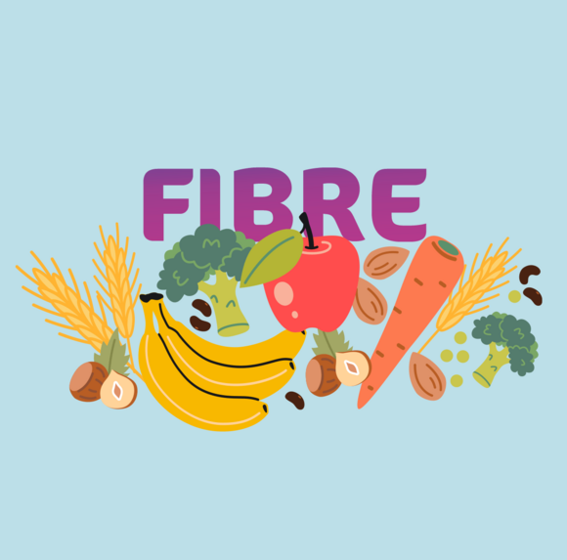 FIBRA sobre plátanos, manzana, zanahoria, brócoli y nueces sobre azul pálido
